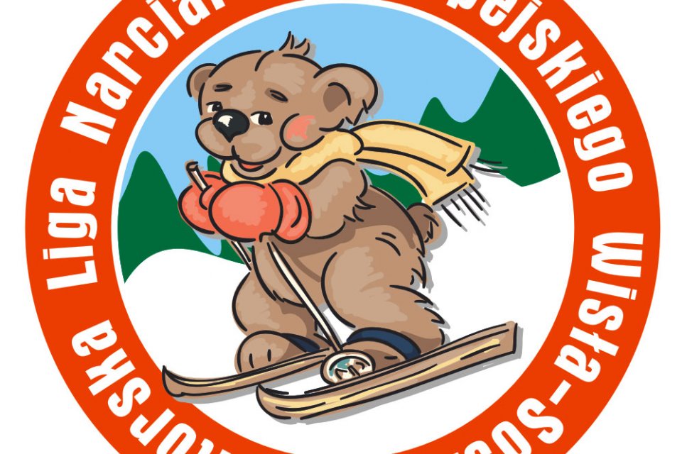 Logo ligi - miś na nartach w czerwonej obwódce